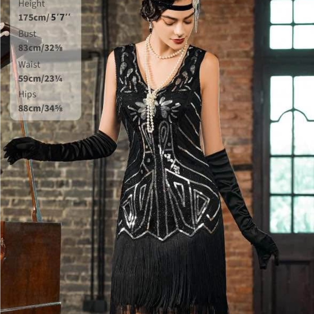 Black and Silver Fringe Embellished Midi Dress